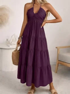 Robe longue de vacances vert tendre à lacets sans manches dos nu et col en V