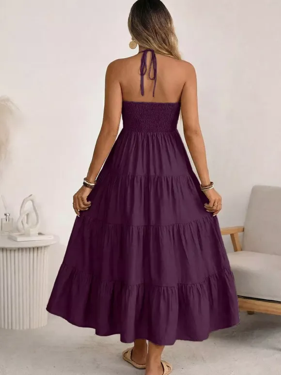 Robe longue de vacances vert tendre à lacets sans manches dos nu et col en V