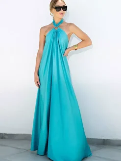 Robe longue dos nu à bretelles pour femme - Robe fluide minimaliste en satin - Idéale pour les vacances d'été et les fêtes sur la plage 2026