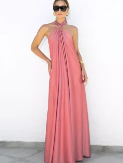 Robe longue dos nu à bretelles pour femme - Robe fluide minimaliste en satin - Idéale pour les vacances d'été et les fêtes sur la plage 2026