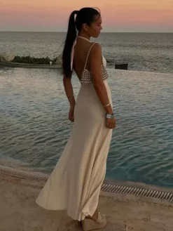 Robe longue dos nu à col halter pour femme - Coupe ajustée fente haute et rosette florale - Idéale pour les vacances d'été à la plage 2026