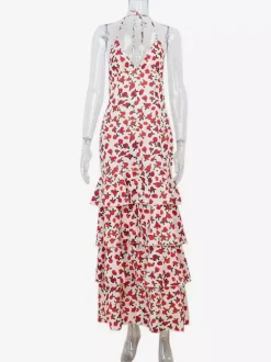 Robe longue dos nu à imprimé floral pour femme - Robe bustier fendue et à volants - Tenue sexy d'été pour un rendez-vous galant 2026