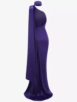 Robe longue dos nu élégante à rosettes pour femme - Robe sans manches en satin soyeux col drapé - Idéale pour les soirées de printemps 2026
