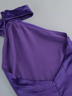 Robe longue dos nu élégante à rosettes pour femme - Robe sans manches en satin soyeux col drapé - Idéale pour les soirées de printemps 2026