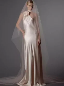 Robe longue dos nu élégante à rosettes pour femme - Robe sans manches en satin soyeux col drapé - Idéale pour les soirées de printemps 2026