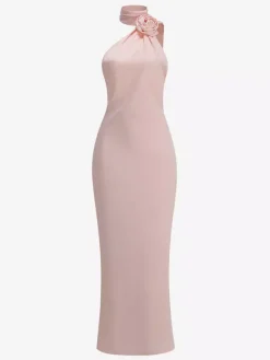Robe longue dos nu élégante à rosettes pour femme - Robe sans manches en satin soyeux col drapé - Idéale pour les soirées de printemps 2026