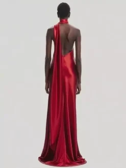 Robe longue dos nu élégante à rosettes pour femme - Robe sans manches en satin soyeux col drapé - Idéale pour les soirées de printemps 2026