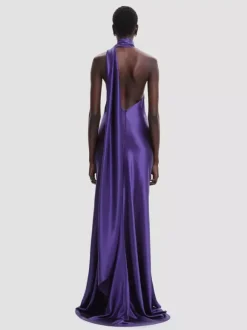 Robe longue dos nu élégante à rosettes pour femme - Robe sans manches en satin soyeux col drapé - Idéale pour les soirées de printemps 2026
