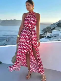 Robe longue dos nu pour femme - Imprimé géométrique bohème fente latérale fluide sans manches - Collection été 2026