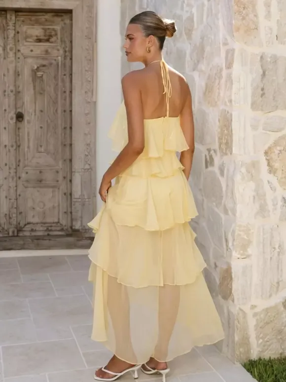 Robe longue dos nu à volants pour femme - Élégante robe d'été asymétrique en mousseline à volants et dos nu - Tenue idéale pour un rendez-vous galant en été 2026