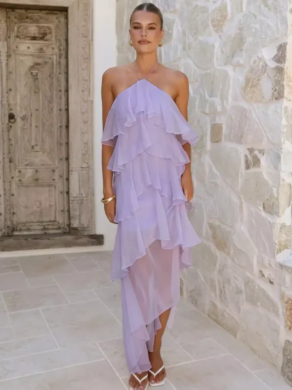 Robe longue dos nu à volants pour femme - Élégante robe d'été asymétrique en mousseline à volants et dos nu - Tenue idéale pour un rendez-vous galant en été 2026