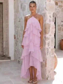 Robe longue dos nu à volants pour femme - Élégante robe d'été asymétrique en mousseline à volants et dos nu - Tenue idéale pour un rendez-vous galant en été 2026