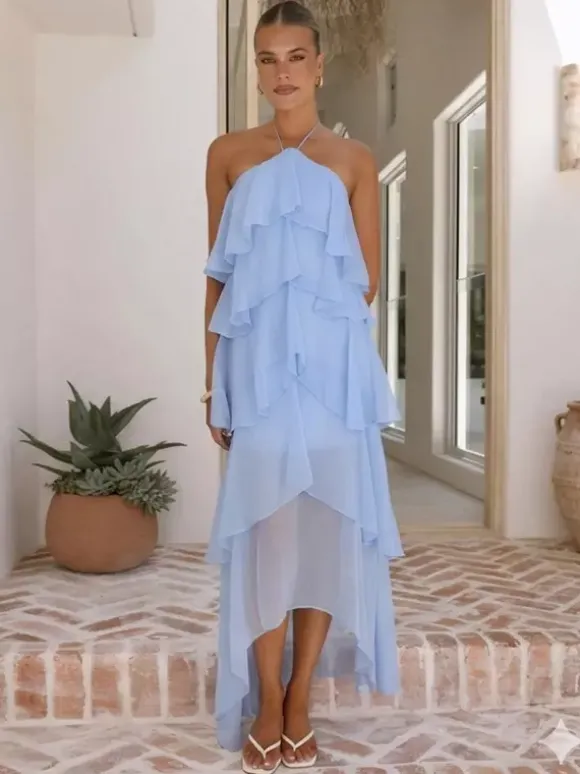 Robe longue dos nu à volants pour femme - Élégante robe d'été asymétrique en mousseline à volants et dos nu - Tenue idéale pour un rendez-vous galant en été 2026