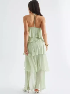 Robe longue dos nu à volants pour femme - Élégante robe d'été asymétrique en mousseline à volants et dos nu - Tenue idéale pour un rendez-vous galant en été 2026
