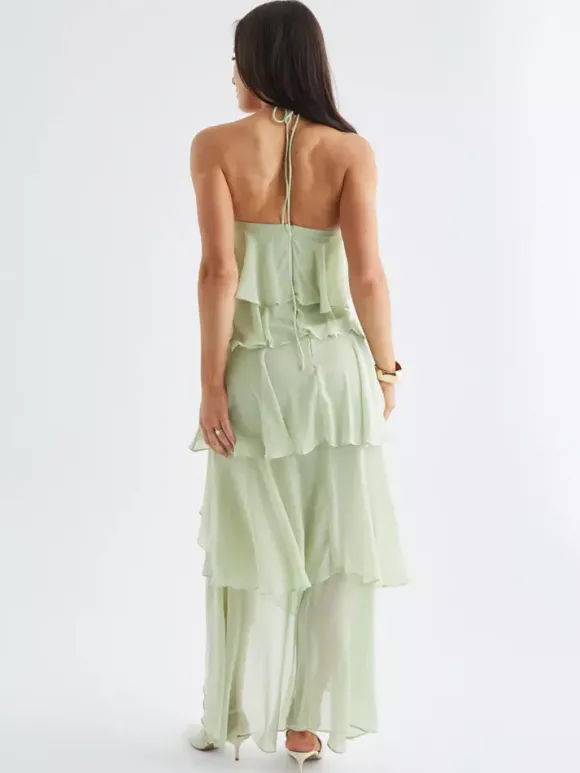 Robe longue dos nu à volants pour femme - Élégante robe d'été asymétrique en mousseline à volants et dos nu - Tenue idéale pour un rendez-vous galant en été 2026