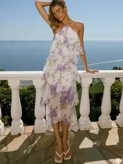 Robe longue dos nu à volants pour femme - Élégante robe d'été asymétrique en mousseline à volants et dos nu - Tenue idéale pour un rendez-vous galant en été 2026