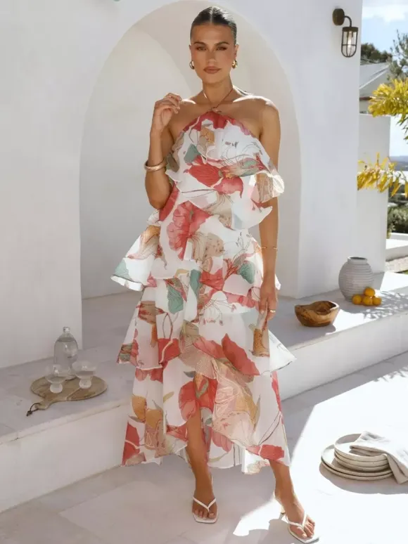 Robe longue dos nu à volants pour femme - Élégante robe d'été asymétrique en mousseline à volants et dos nu - Tenue idéale pour un rendez-vous galant en été 2026