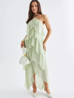 Robe longue dos nu à volants pour femme - Élégante robe d'été asymétrique en mousseline à volants et dos nu - Tenue idéale pour un rendez-vous galant en été 2026
