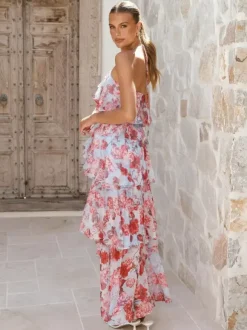 Robe longue dos nu à volants pour femme - Élégante robe d'été asymétrique en mousseline à volants et dos nu - Tenue idéale pour un rendez-vous galant en été 2026