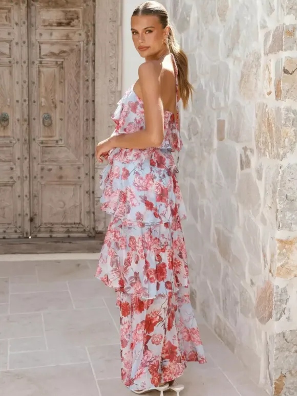 Robe longue dos nu à volants pour femme - Élégante robe d'été asymétrique en mousseline à volants et dos nu - Tenue idéale pour un rendez-vous galant en été 2026