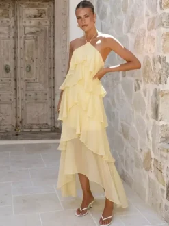 Robe longue dos nu à volants pour femme - Élégante robe d'été asymétrique en mousseline à volants et dos nu - Tenue idéale pour un rendez-vous galant en été 2026