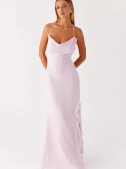 Robe longue dos nu à volants pour femme - Robe sans manches à bretelles et col bénitier ornée d'une fleur 3D - Soirée de gala d'été 2026