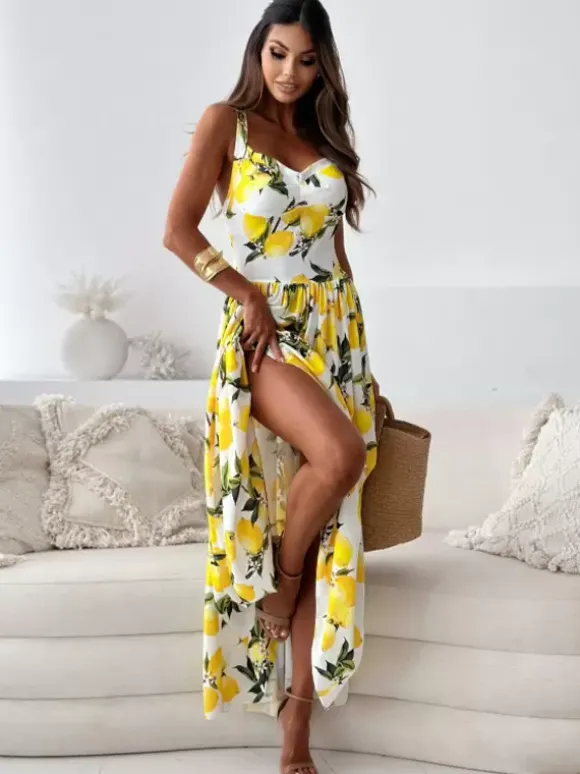 Robe longue d'été imprimée citron pour femme - Robe bouffante jaune style bohème sans manches col en V et volants - Collection été 2026