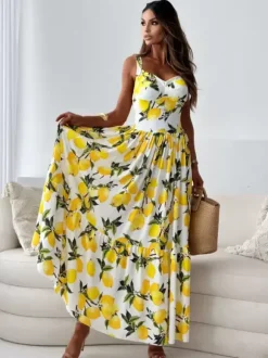Robe longue d'été imprimée citron pour femme - Robe bouffante jaune style bohème sans manches col en V et volants - Collection été 2026