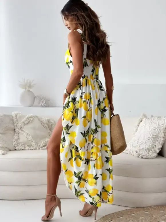Robe longue d'été imprimée citron pour femme - Robe bouffante jaune style bohème sans manches col en V et volants - Collection été 2026