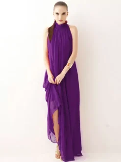 Robe Longue D'Été Robe De Plage Sans Manche En Mousseline De Soie À Col Montant Avec Ceinture