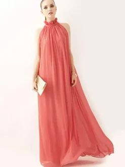 Robe Longue D'Été Robe De Plage Sans Manche En Mousseline De Soie À Col Montant Avec Ceinture