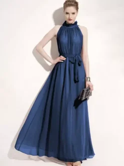 Robe Longue D'Été Robe De Plage Sans Manche En Mousseline De Soie À Col Montant Avec Ceinture