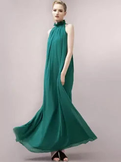 Robe Longue D'Été Robe De Plage Sans Manche En Mousseline De Soie À Col Montant Avec Ceinture