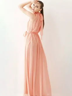Robe Longue D'Été Robe De Plage Sans Manche En Mousseline De Soie À Col Montant Avec Ceinture
