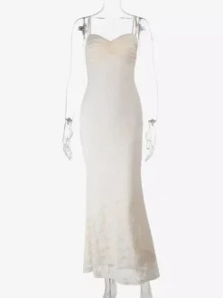 Robe longue en dentelle esthétique pour femme - Robe moulante froncée abricot - Tenue d'invitée aux mariages d'été 2026