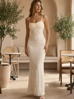 Robe longue en dentelle esthétique pour femme - Robe moulante froncée abricot - Tenue d'invitée aux mariages d'été 2026