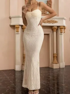 Robe longue en dentelle esthétique pour femme - Robe moulante froncée abricot - Tenue d'invitée aux mariages d'été 2026