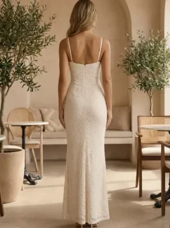 Robe longue en dentelle esthétique pour femme - Robe moulante froncée abricot - Tenue d'invitée aux mariages d'été 2026
