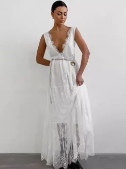 Robe longue en dentelle à volants et bordure cils pour femme - Robe d'été sexy à décolleté plongeant en V sans manches et à volants transparents - Idéale pour les fêtes d'été à la plage 2026