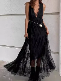 Robe longue en dentelle à volants et bordure cils pour femme - Robe d'été sexy à décolleté plongeant en V sans manches et à volants transparents - Idéale pour les fêtes d'été à la plage 2026