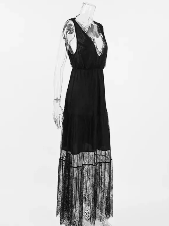 Robe longue en dentelle à volants et bordure cils pour femme - Robe d'été sexy à décolleté plongeant en V sans manches et à volants transparents - Idéale pour les fêtes d'été à la plage 2026