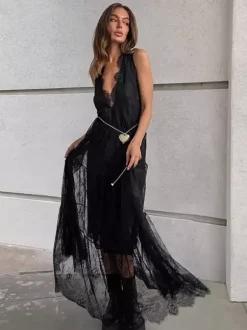 Robe longue en dentelle à volants et bordure cils pour femme - Robe d'été sexy à décolleté plongeant en V sans manches et à volants transparents - Idéale pour les fêtes d'été à la plage 2026