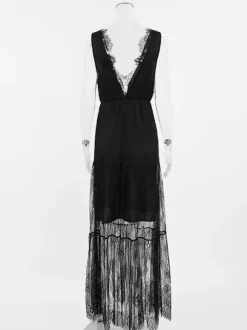 Robe longue en dentelle à volants et bordure cils pour femme - Robe d'été sexy à décolleté plongeant en V sans manches et à volants transparents - Idéale pour les fêtes d'été à la plage 2026