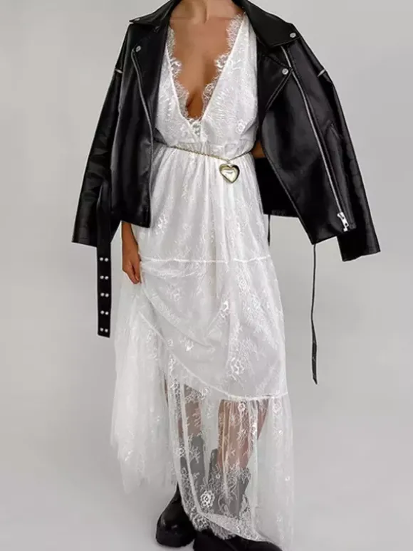 Robe longue en dentelle à volants et bordure cils pour femme - Robe d'été sexy à décolleté plongeant en V sans manches et à volants transparents - Idéale pour les fêtes d'été à la plage 2026