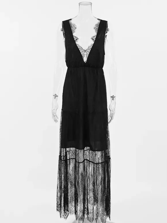 Robe longue en dentelle à volants et bordure cils pour femme - Robe d'été sexy à décolleté plongeant en V sans manches et à volants transparents - Idéale pour les fêtes d'été à la plage 2026