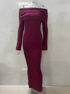 Robe longue en maille à épaules dénudées et manches évasées pour femme 2026