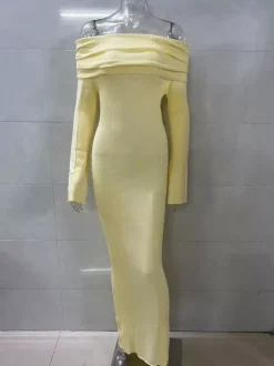 Robe longue en maille à épaules dénudées et manches évasées pour femme 2026