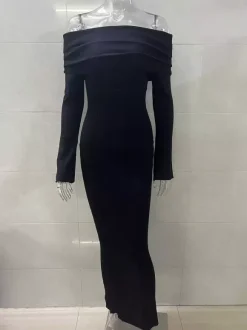Robe longue en maille à épaules dénudées et manches évasées pour femme 2026