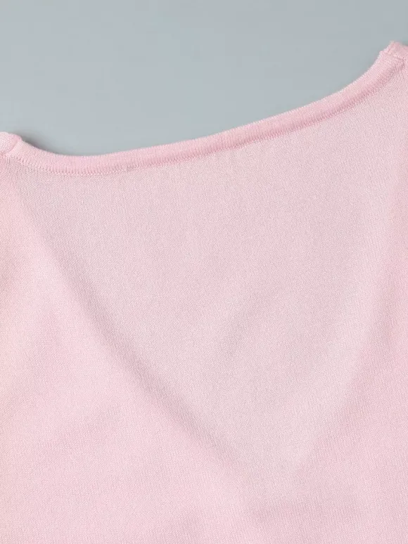Robe longue en maille rose pâle à col V pour femme style élégant au quotidien