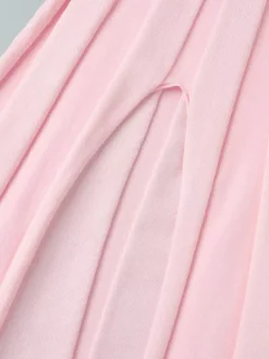 Robe longue en maille rose pâle à col V pour femme style élégant au quotidien